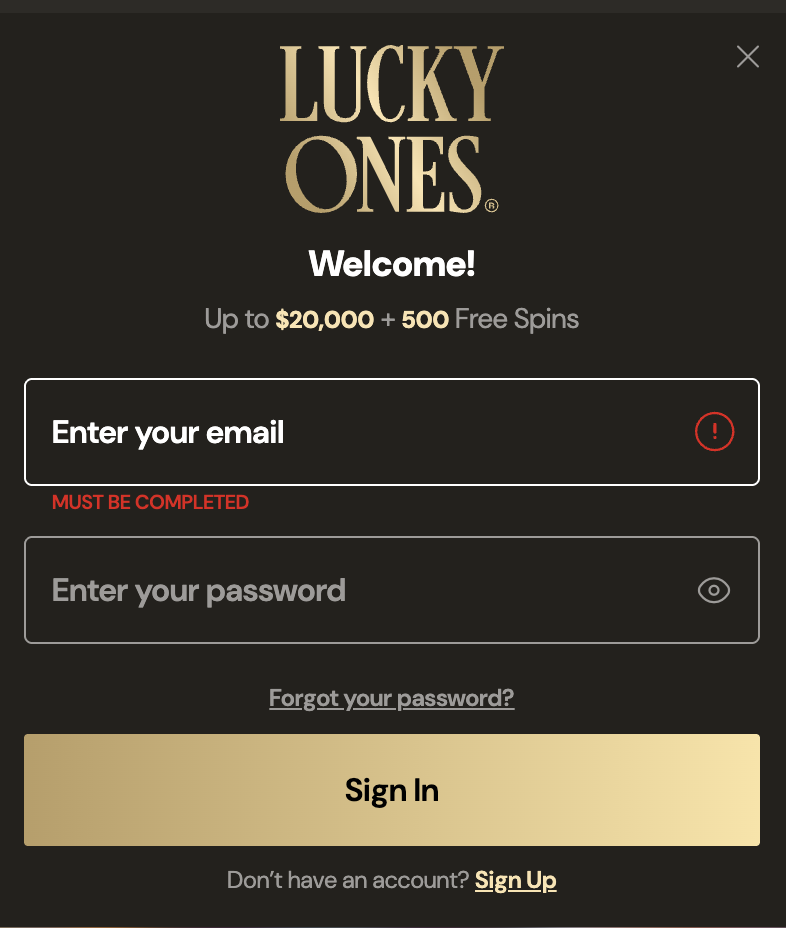 LuckyOnes login form with email and password fields