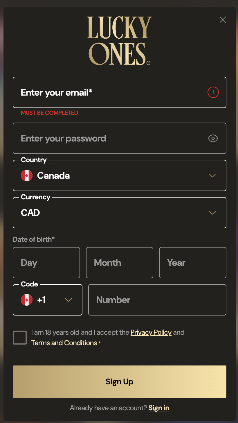Formulaire d'inscription LuckyOnes Casino avec le pays Canada et la devise CAD sélectionnés