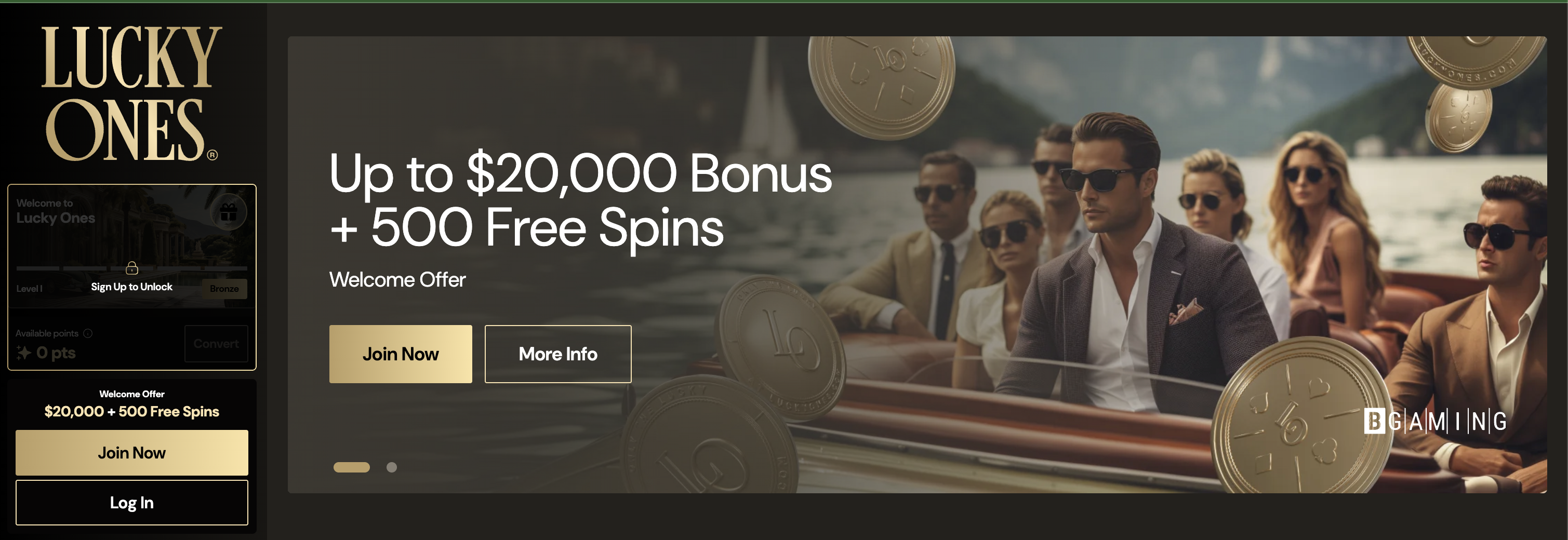 Lucky Ones welcome offer banner showing the $20,000 plus 500 free spins bonus