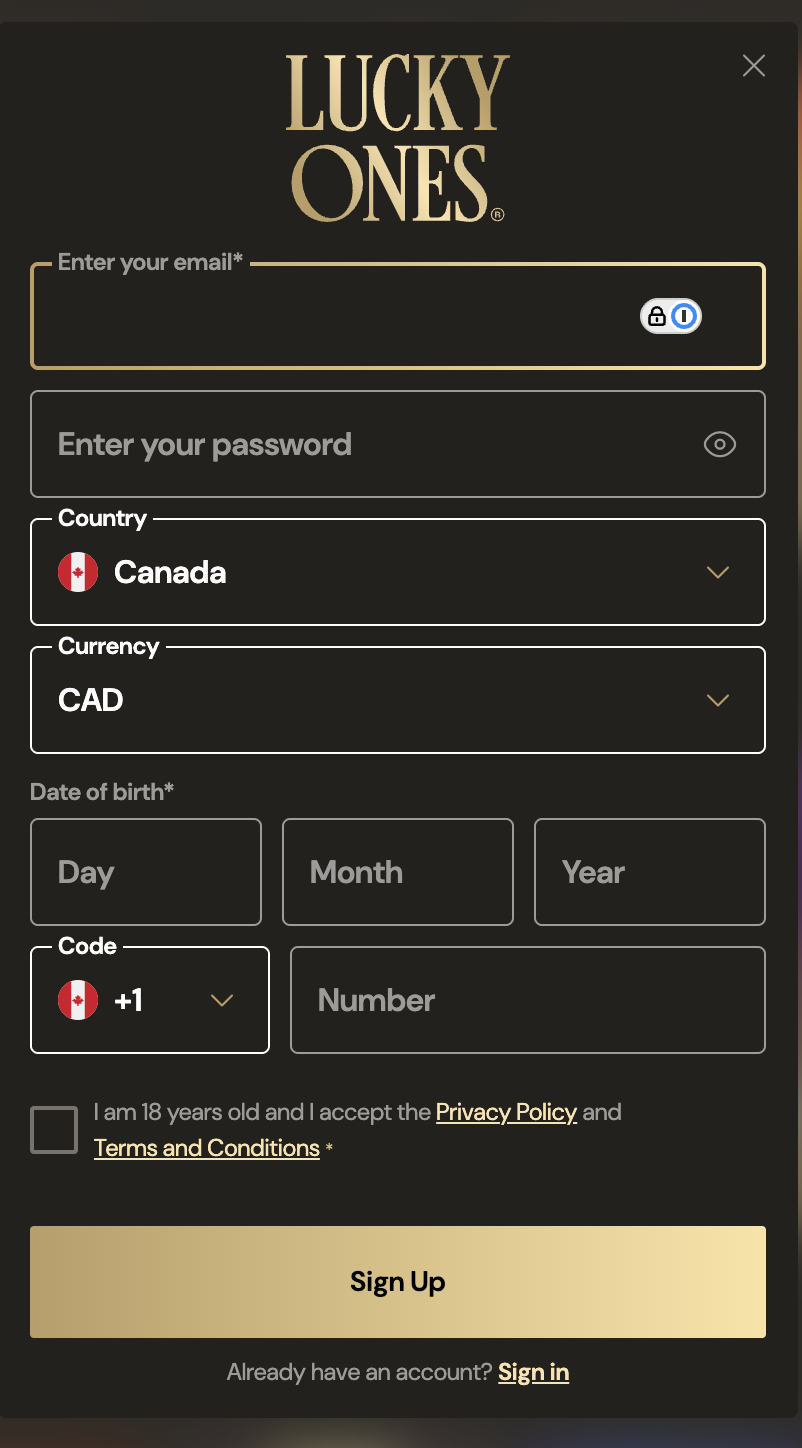 Mobile sign-up form with Canada country and CAD currency fields